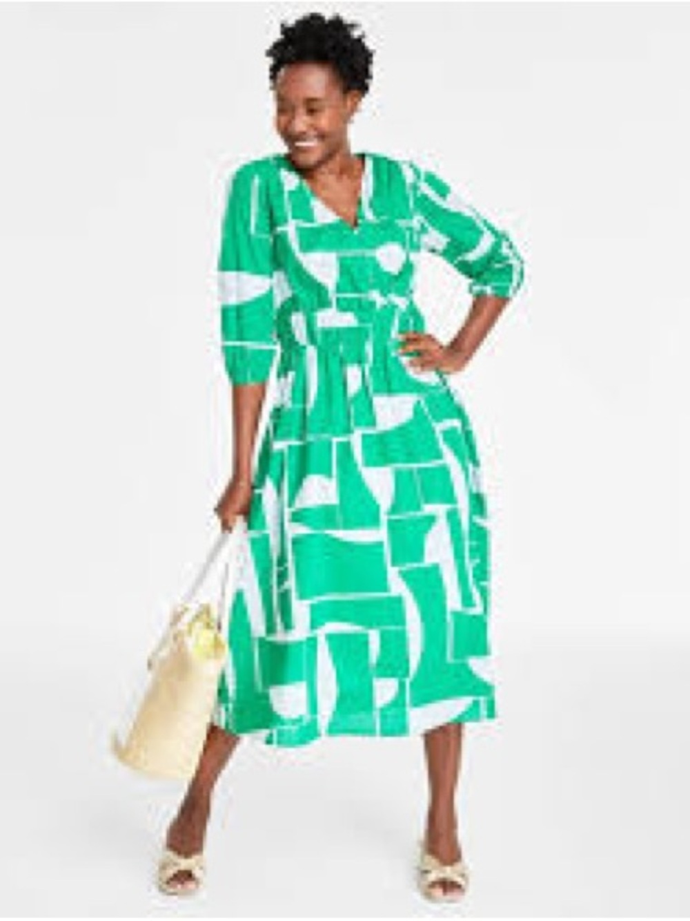 Green Geometric Midi Dress - Women's V-Neck Fit & Flare